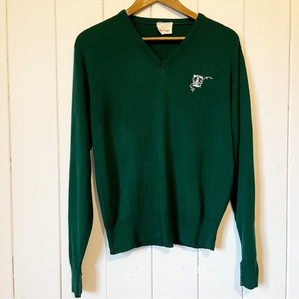 Sunline Vintage Preppy Green V-Neck Sweater. NTG Logo. Size Medium.